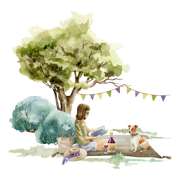 Genç kız ağacın altında bir kitapla oturuyor. Açık havada piknik sahnesi. Suluboya çizimi. Bekar bir kadın kitapla rahatlıyor. Kendine özen gösteren kız pozu. Beyaz arkaplanda izole - Fotoğraf, Görsel