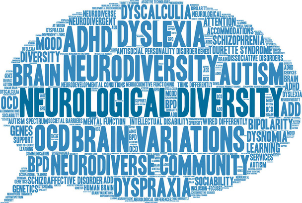 Nube de palabras de diversidad neurológica sobre un fondo blanco.  - Vector, imagen