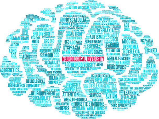 Neurologinen monimuotoisuus sana pilvi valkoisella taustalla.  - Vektori, kuva