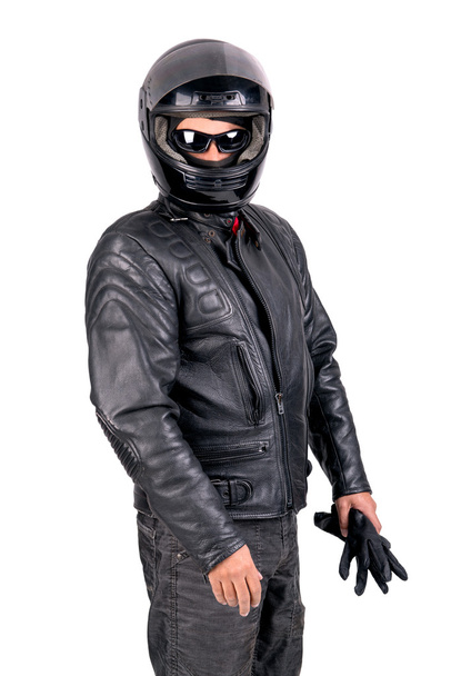 Biker in leather jacket - 写真・画像