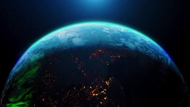 宇宙の回転日から夜のスカイラインから地球。衛星ビュー宇宙旅行に回転する地球。現実的な3Dレンダリングアニメーション。NASAによって提供されたこの画像の要素。ループ可能. - 映像、動画