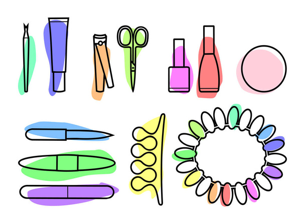 Sada barevných nástrojů pro manikúru a pedikúru na bílém pozadí - Vektor, obrázek