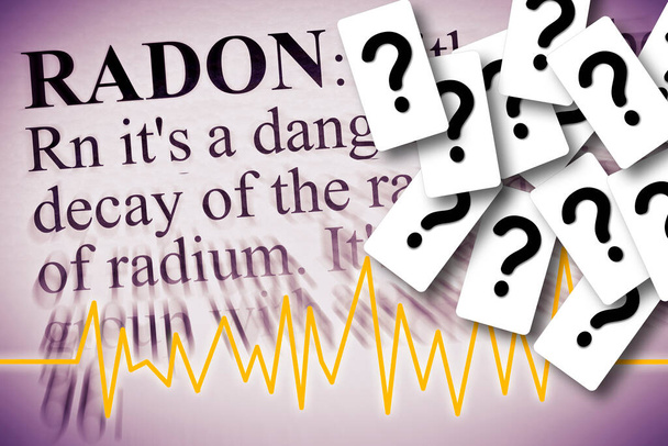 Dudas e incertidumbres sobre el gas radón, el asesino silencioso: imagen conceptual con tabla de verificación sobre la contaminación por radón, definición de gas radón y signos de interrogación. - Foto, imagen