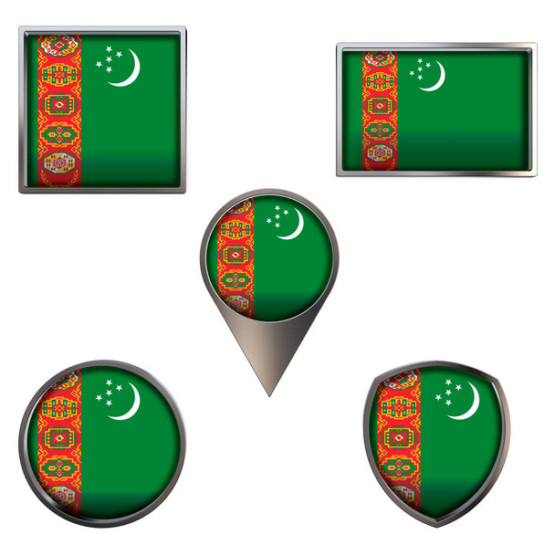 Различные флаги Туркменистана. Реалистичный национальный флаг в окружности квадратный прямоугольник и щит металлический набор значков. Патриотическая 3D визуализация символов на белом фоне. - Фото, изображение