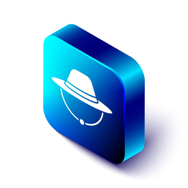 Isometric Camping hat icon isolated on white background. Beach hat panama. Explorer travelers hat for hunting, hiking, tourism. Blue square button. Vector. - Vector, Image
