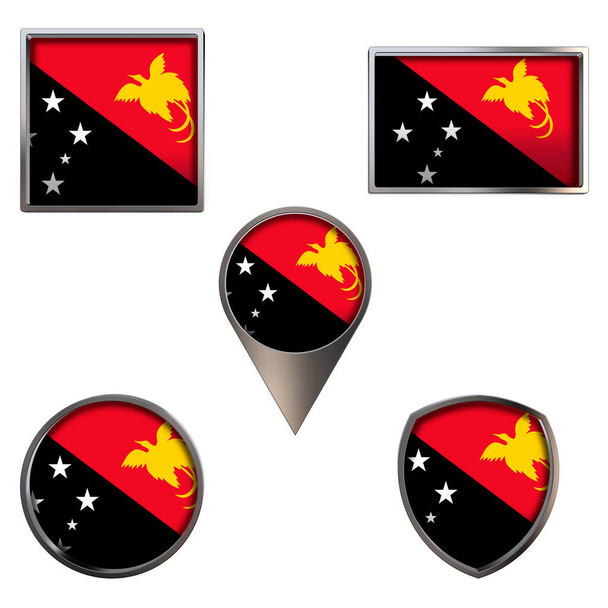 Różne bandery Niezależnego Państwa Papui Nowej Gwinei. Realistyczna flaga narodowa w kwadratowym prostokącie i metalicznym zestawie ikon tarczy. Patriotyczne symbole renderowania 3d odizolowane na białym tle. - Zdjęcie, obraz