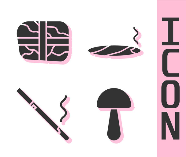 Set Psilocybin champignon, Paquet avec cocaïne, Cigarette et cigare avec icône de fumée. Vecteur. - Vecteur, image