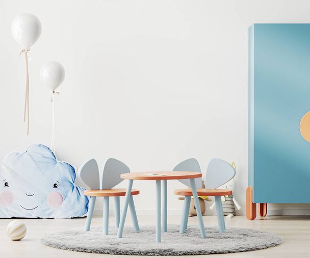 Μοντέρνο παιδικό playroom σε σκανδιναβικό στυλ με τραπέζι και παιχνίδια, μπαλόνια, παιδικό δωμάτιο εσωτερικό mock up, 3D rendering - Φωτογραφία, εικόνα