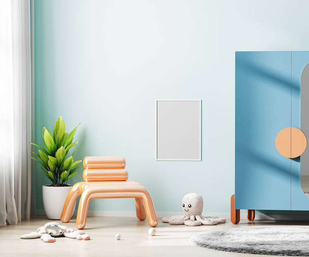 Плакат рамка макет на голубой стене в интерьере детской комнаты с красочной мебелью и мягкими игрушками, скандинавский стиль детской комнаты, интерьер детской комнаты, 3D рендеринг - Фото, изображение