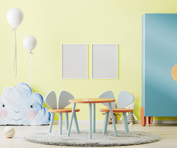 Σκελετός αφίσας mock up σε φωτεινό κίτρινο παιδικό δωμάτιο με τραπέζι, παιχνίδια και ντουλάπι, παιδικό δωμάτιο εσωτερικό mockup, παιδικό playroom, 3D rendering - Φωτογραφία, εικόνα