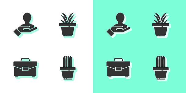 Set Cactus en sappig in pot, Hand voor mensen zoeken, Briefcase en Plant icoon. Vector. - Vector, afbeelding