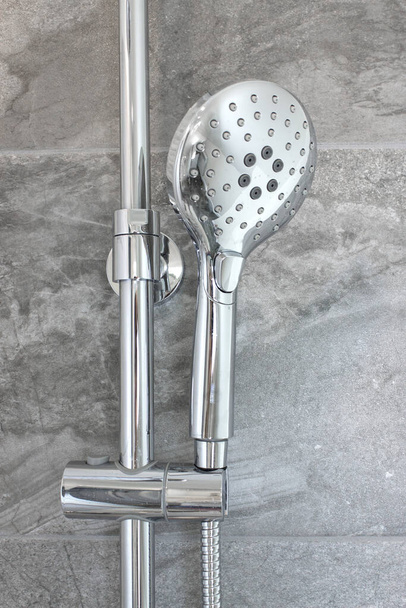 Full Chrome Shower Head and shower head holder. Detail of shower mixer faucet. - Photo, Image