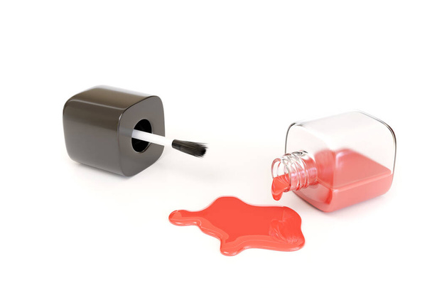 Пролитой красный лак для ногтей бутылку изолированы на белом фоне. 3d иллюстрация. - Фото, изображение