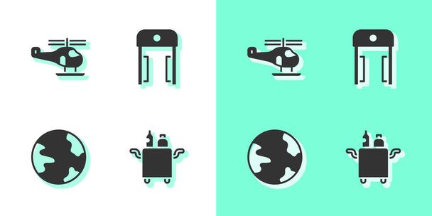 Set Trolley for food, Helicopter, Worldwide and Metal detector in airport icon. Vector. - Vector, Image
