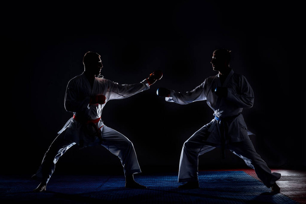 Mužské karate bojovníci provedení kop izolované na tmavém pozadí v tělocvičně - Fotografie, Obrázek