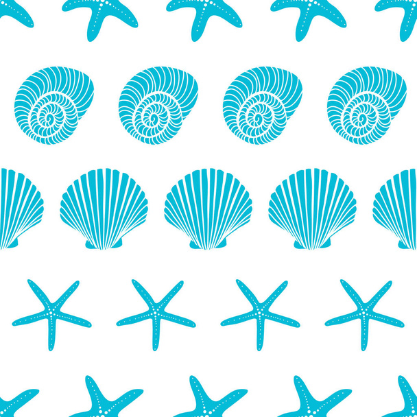 Nyári kagylósorok mintája. Vízi kék kagylók és tengeri csillagok sora, amelyek zökkenőmentes vektormintázatot ismételnek. - Vektor, kép