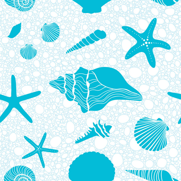 Nyári kagylók és buborékok Kék és fehér minta. Aqua kék kagylók és tengeri csillag egy pezsgő fehér és kék háttér. - Vektor, kép