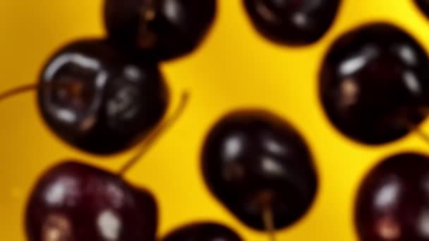 Fekete bogyók esik a sárga háttér lassított felvételen - Felvétel, videó