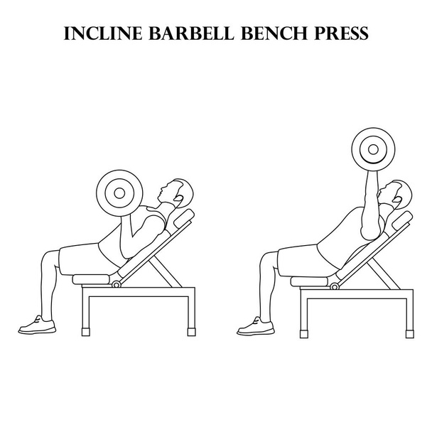 Incline barbell bench press workout exercise vector illustration outline on the white background. - Vector, imagen