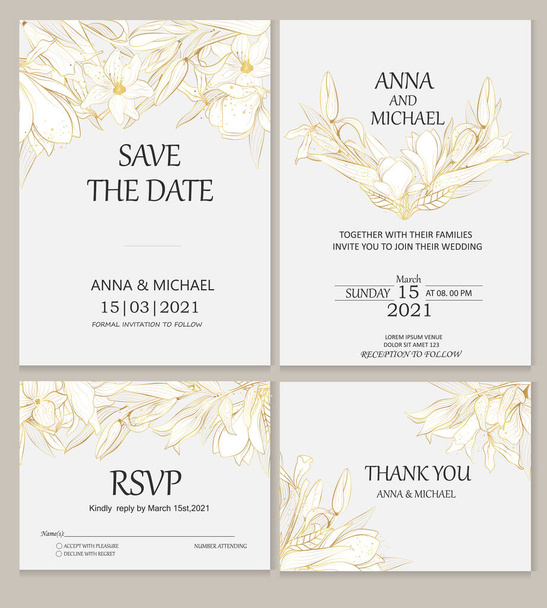   Des invitations de mariage. Cartes d'invitation vectorielles avec des plantes dorées sur fond gris. Plantes dans le style de l'art linéaire. - Vecteur, image