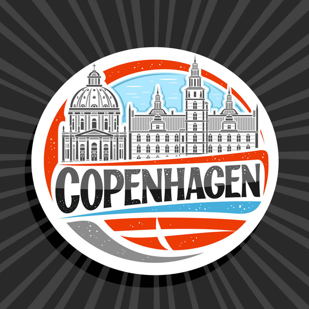 Logotipo vectorial para Copenhague, letrero decorativo blanco con ilustración del contorno del paisaje de la ciudad de Copenhagen en el fondo del cielo del día, imán del refrigerador del diseño del arte con letras únicas para el copenhagen negro de la palabra. - Vector, imagen