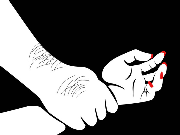 Ilustração de arte de linha da mão de um homem peludo segurando uma mão de mulher, fazendo sexo, conceito de estupro - Vetor, Imagem