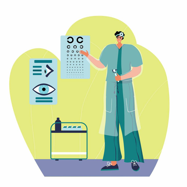 Optické oči testují ilustraci. Oftalmologický koncept. Oftalmolog kontroluje zrak pacienta. - Vektor, obrázek