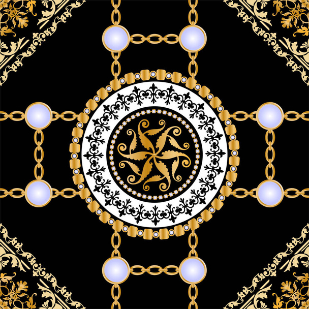 Nahtloses Muster mit Edelsteinen, Goldketten und Perlen. - Vektor, Bild