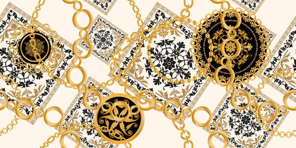宝石、金の鎖と真珠で飾られたシームレスなパターン. - ベクター画像