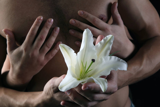 close-up delicate white lily in the hands against the background of naked torso, studio dark background - Photo, Image
