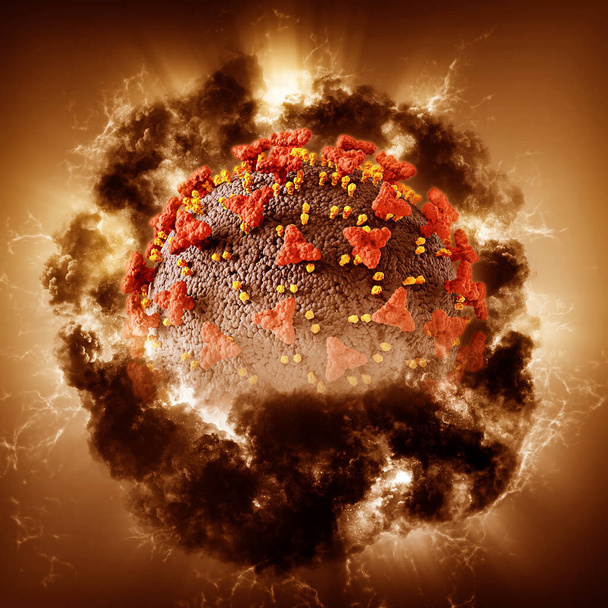 3D визуализация абстрактного медицинского фона с помощью вирусной клетки Covid 19 с эффектом шторма - Фото, изображение