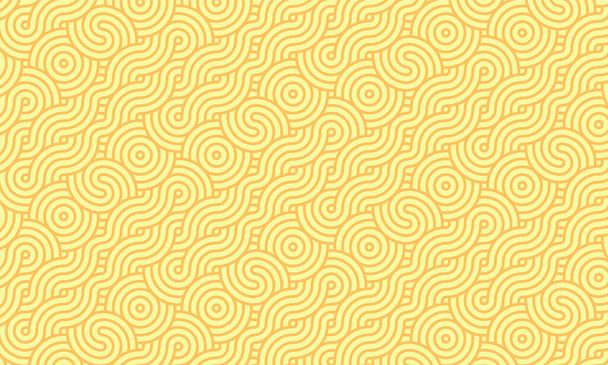 Vector Curcly Plexus Tile Kreise und wellige Linien Form überlappenden dimensionalen geometrischen Wiederholungsmuster. Kontinuierliche japanische einfache Sonne, Sonnenuntergang Wiederholung Hintergrundmuster. Asiatisches einfarbiges Gelb. Poster, Banner, Web, Verpackung, Template-Layout. - Vektor, Bild