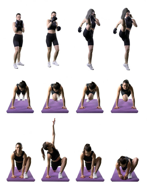 Set di calcio boxer femminile facendo calcio alto in azione con esercizi di materasso yoga. Corpo intero isolato su sfondo bianco.  - Foto, immagini