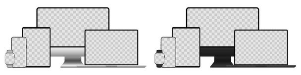 maquetas realistas de dispositivos en un fondo aislado. Conjunto de vectores de teléfono, tableta, portátil, computadora y relojes en diferentes colores para su diseño. Vector EPS 10 - Vector, imagen