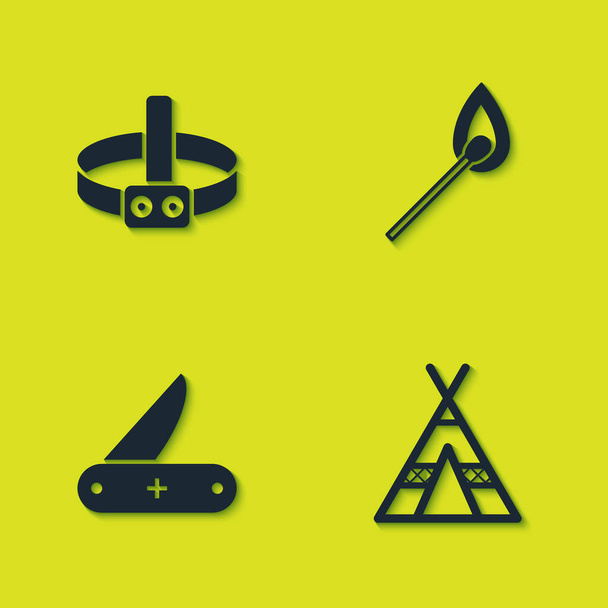 Set Head flashlight, Tourist tent, Swiss army knife and Burning match with fire icon. Vector. - Vector, Image