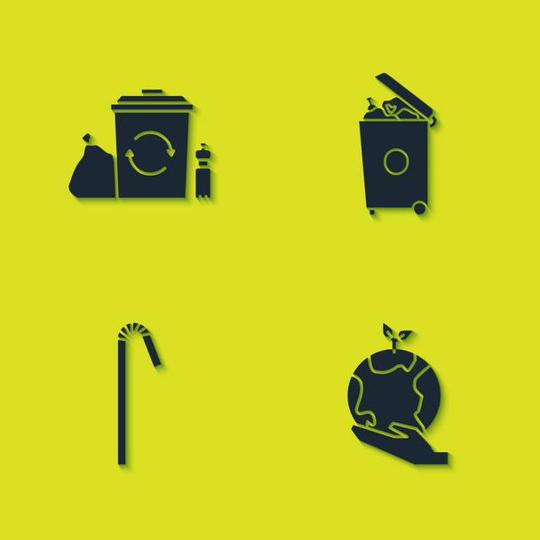 Установите мусорное ведро с утилизацией, рука держит земной шар, питьевая пластиковая солома и иконка мусорный бак. Вектор. - Вектор,изображение