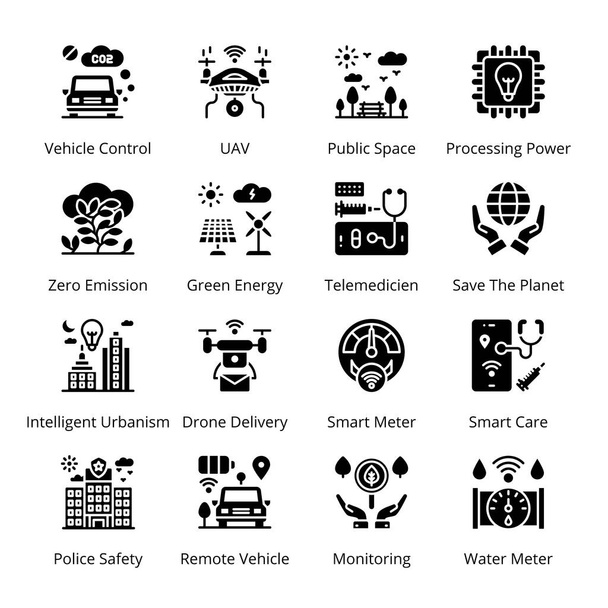 Smart City Glyph Iconos - Sólidos, Vectores - Vector, Imagen