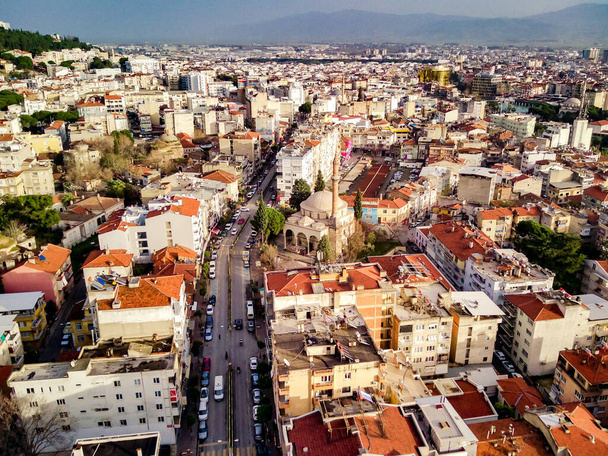 Aerial photograph of the capital of Aydin province - Aydin city from high point of drone fly in sunny day in Turkey. Amazing aerial cityscape view from birds fly altitude on beautiful city centre and parks. - Photo, Image