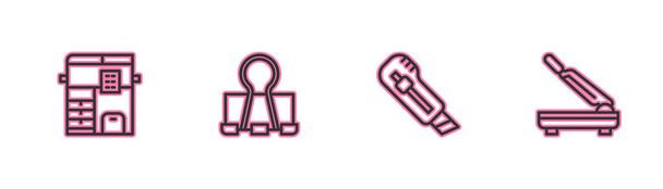 Linienkopierer, Schreibwarenmesser, Binder-Clip und Papierschneider-Symbol. Vektor - Vektor, Bild