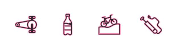 Set line Fahrradkette mit Getriebe, Mountainbike, Sportflasche Wasser und Luftpumpe Symbol. Vektor - Vektor, Bild