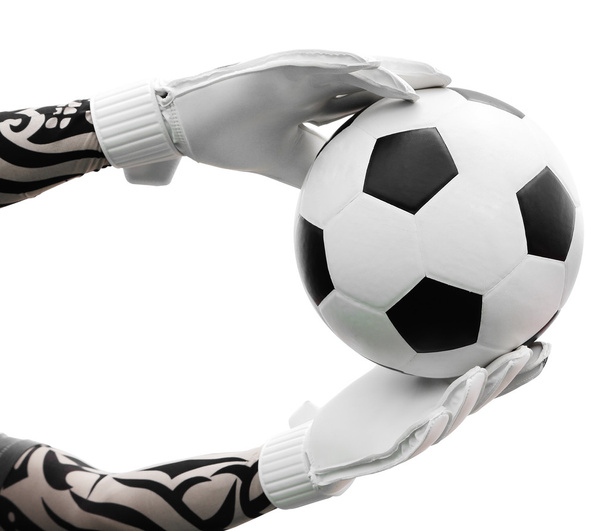 Mãos de goleiro pegando a bola de futebol no fundo branco
 - Foto, Imagem
