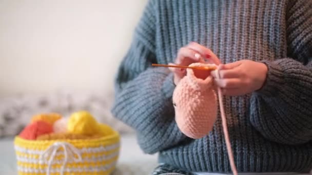 Mulher de camisola cinza está tricotando um brinquedo usando ganchos e fios rosa - Filmagem, Vídeo