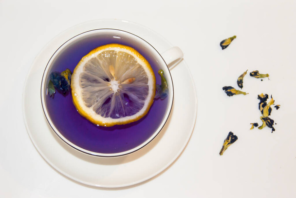 Barva nálady je modrá - modrý čaj s citrónem v bílém hrnku, který stojí na bílém talíři a bílém tácu. Kontrast. Užitečné nápoje, léčivé vlastnosti. Fytoterapie. Tea party. - Fotografie, Obrázek