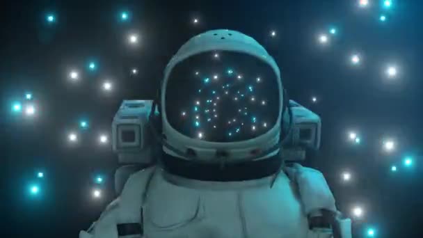 Astronautti ympäröi vilkkuvia neonvaloja. Musiikki ja yökerho käsite. 3d-animaatio saumattomasta silmukasta - Materiaali, video
