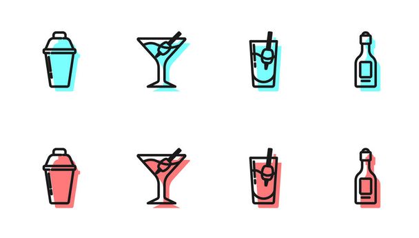Set line Koktejl Bloody Mary, třepačka, Martini sklo a láhev šampaňského ikona. Vektor. - Vektor, obrázek
