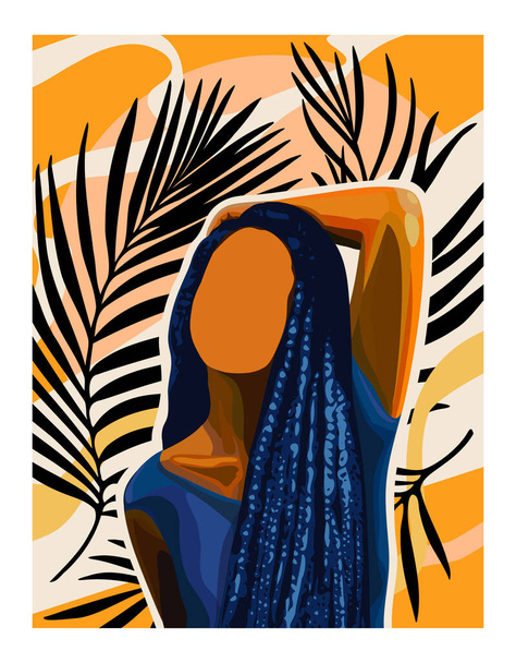 Abstrakte Vektor Mode Afro Girl Art Poster Print African American Woman Painting Floral Tropical Exotic Drawing Illustration.Beautiful Black Lady.Hair Zöpfe hairstyle.Palm leavees.Blue Orange Farben - Vektor, Bild