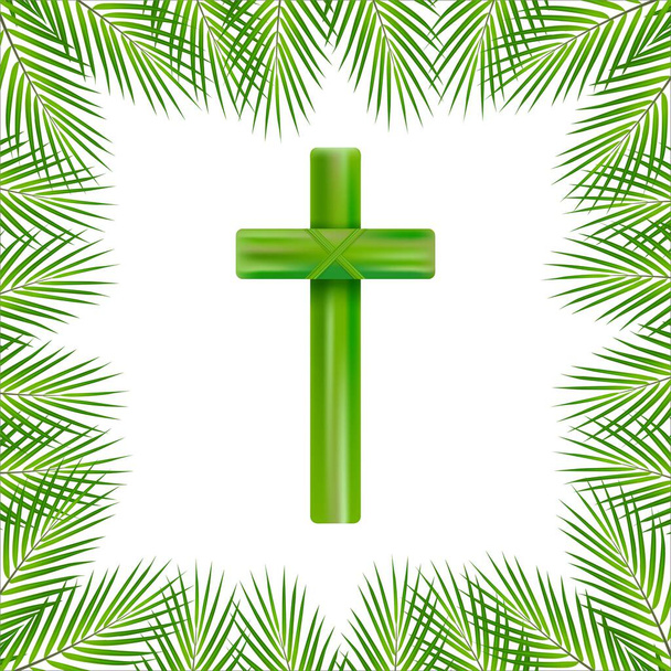 Palmzondag kruis en voorzijde witte achtergrond, Groene Palm bladeren vector pictogram. Vector illustratie voor de christelijke feestdag. Handgeschreven zin van Palmzondag. Kalligrafie citaat op witte achtergrond - Vector, afbeelding
