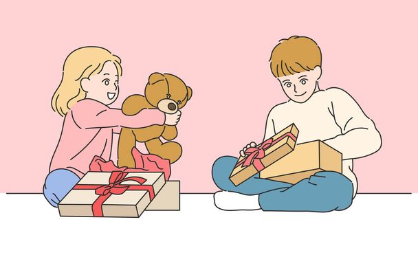 Cute girl and boy are sitting on the floor and opening a gift box. hand drawn style vector design illustrations. - Διάνυσμα, εικόνα