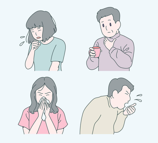 Various symptoms of a cold patient. Coughing character. hand drawn style vector design illustrations. - Vetor, Imagem