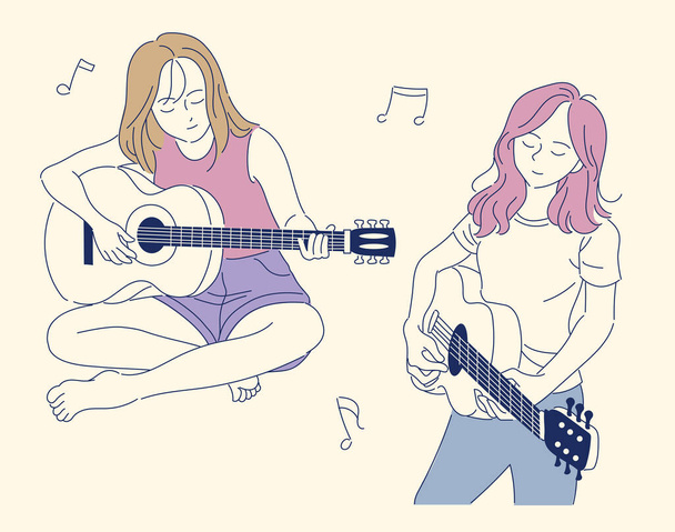 Kızlar gitar çalıyorlar. el çizimi biçim vektör tasarımı çizimleri. - Vektör, Görsel